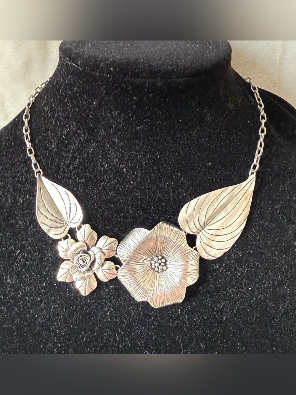 Silver Tone Laila Rowe Statement Floral Rose Pendant Necklace with Leaf Accents